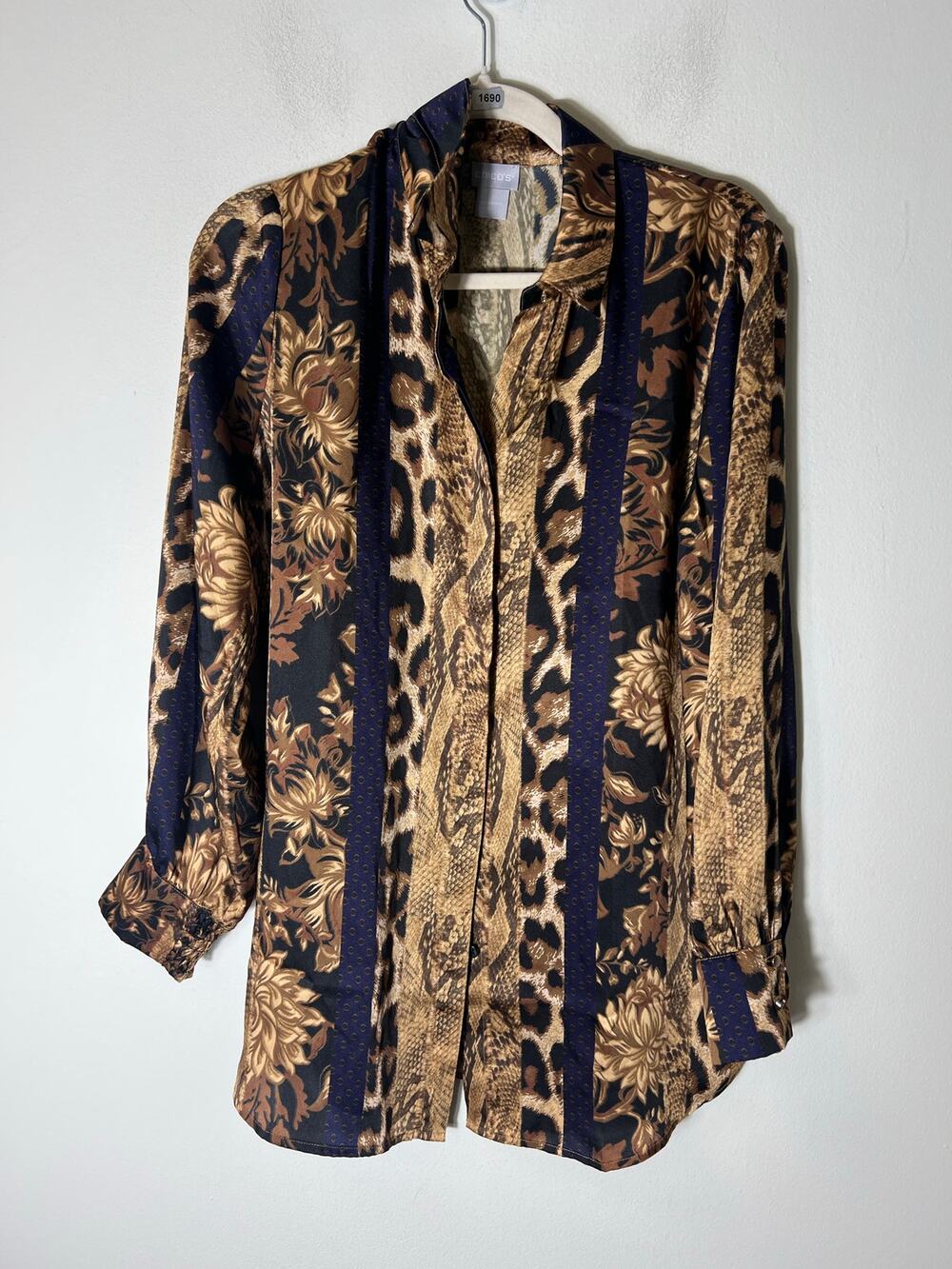 Chico's Gold Navy Long Sleeve Button Up Shirt Sz 8/10